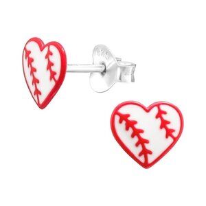 Sterling Silver Red and White Heart Baseball Stud Earrings